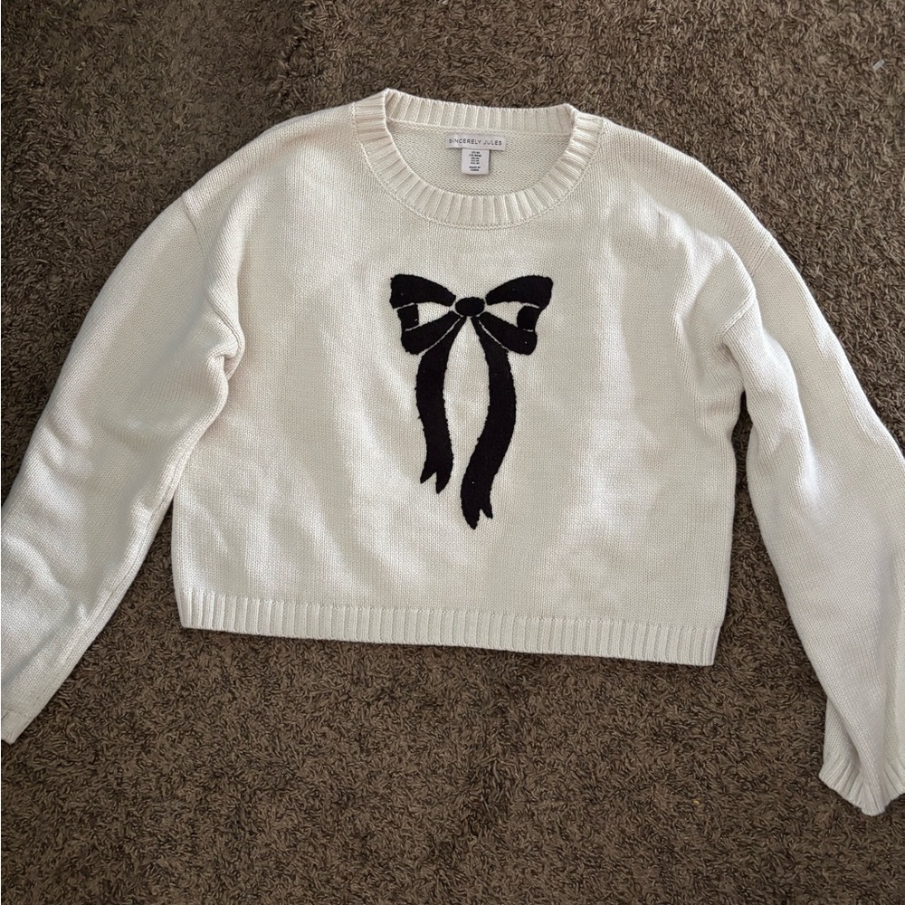 White Bow-Accent Pullover Sweater